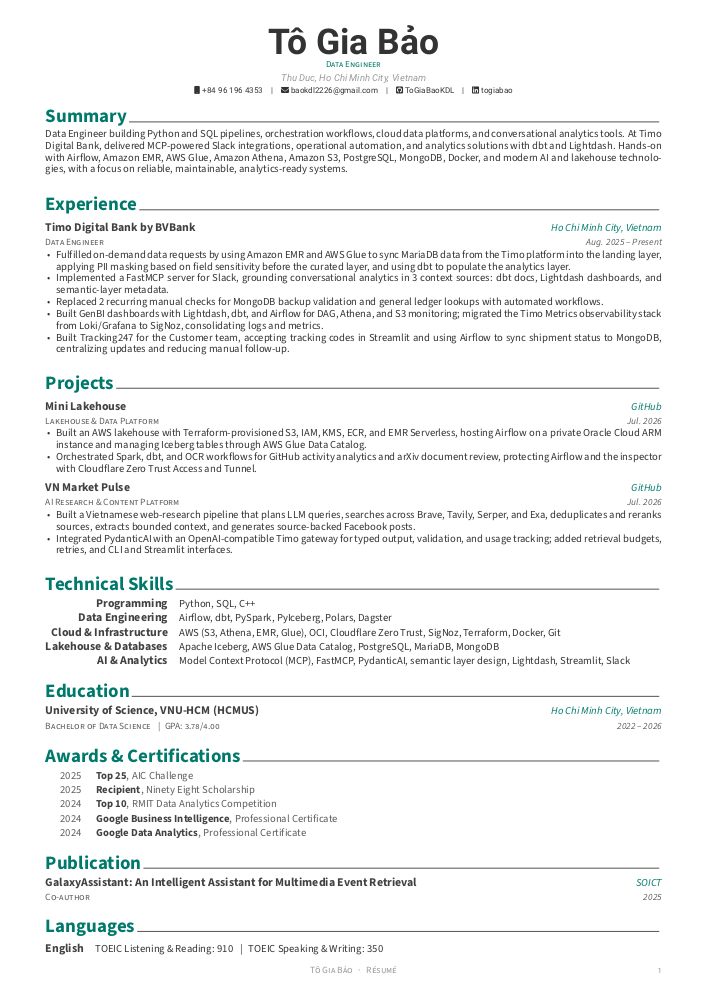 Preview of Tô Gia Bảo's resume